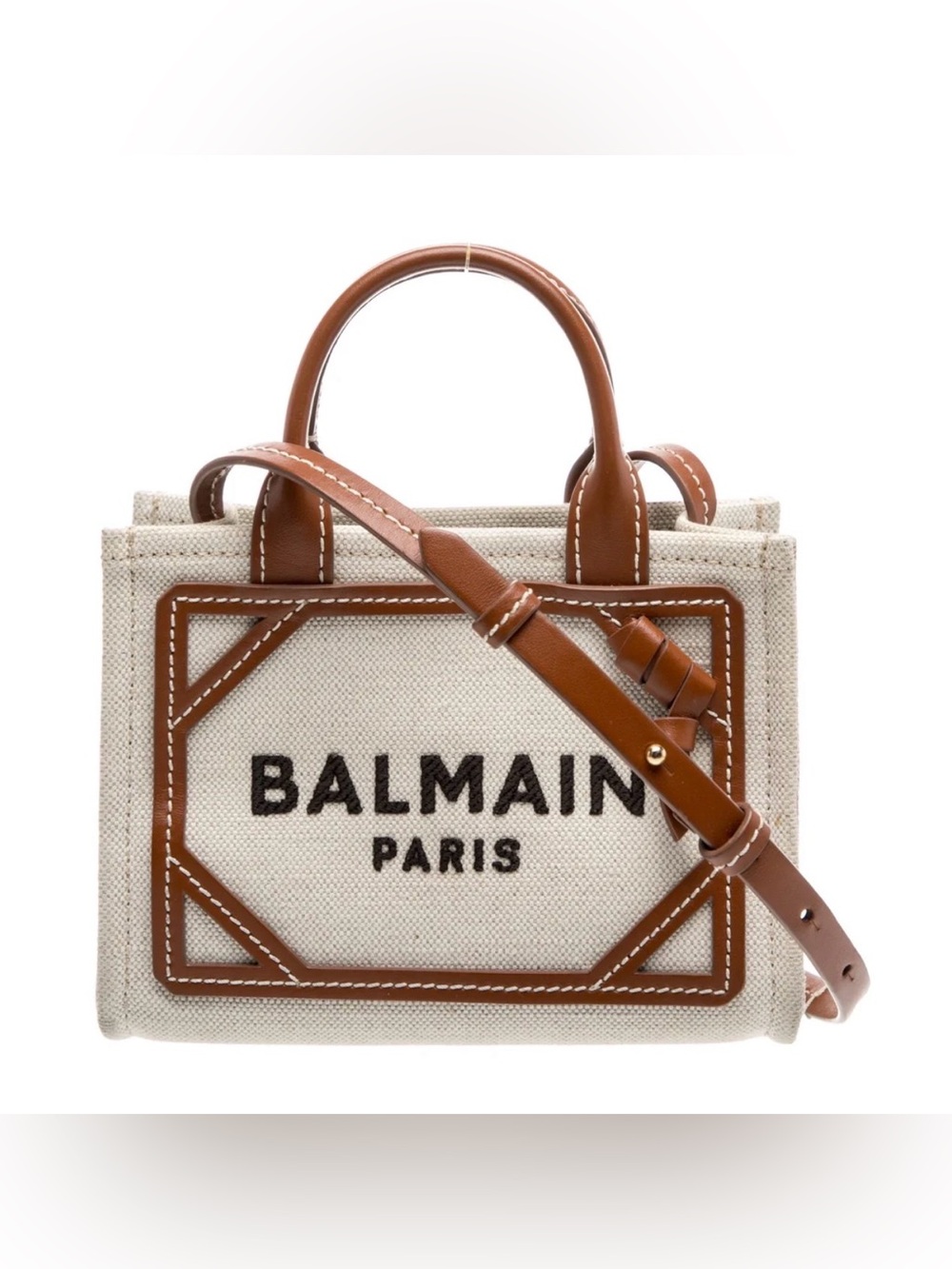 Balmain Paris Mini Canvas Tote in Natural Canvas and Tan Leather